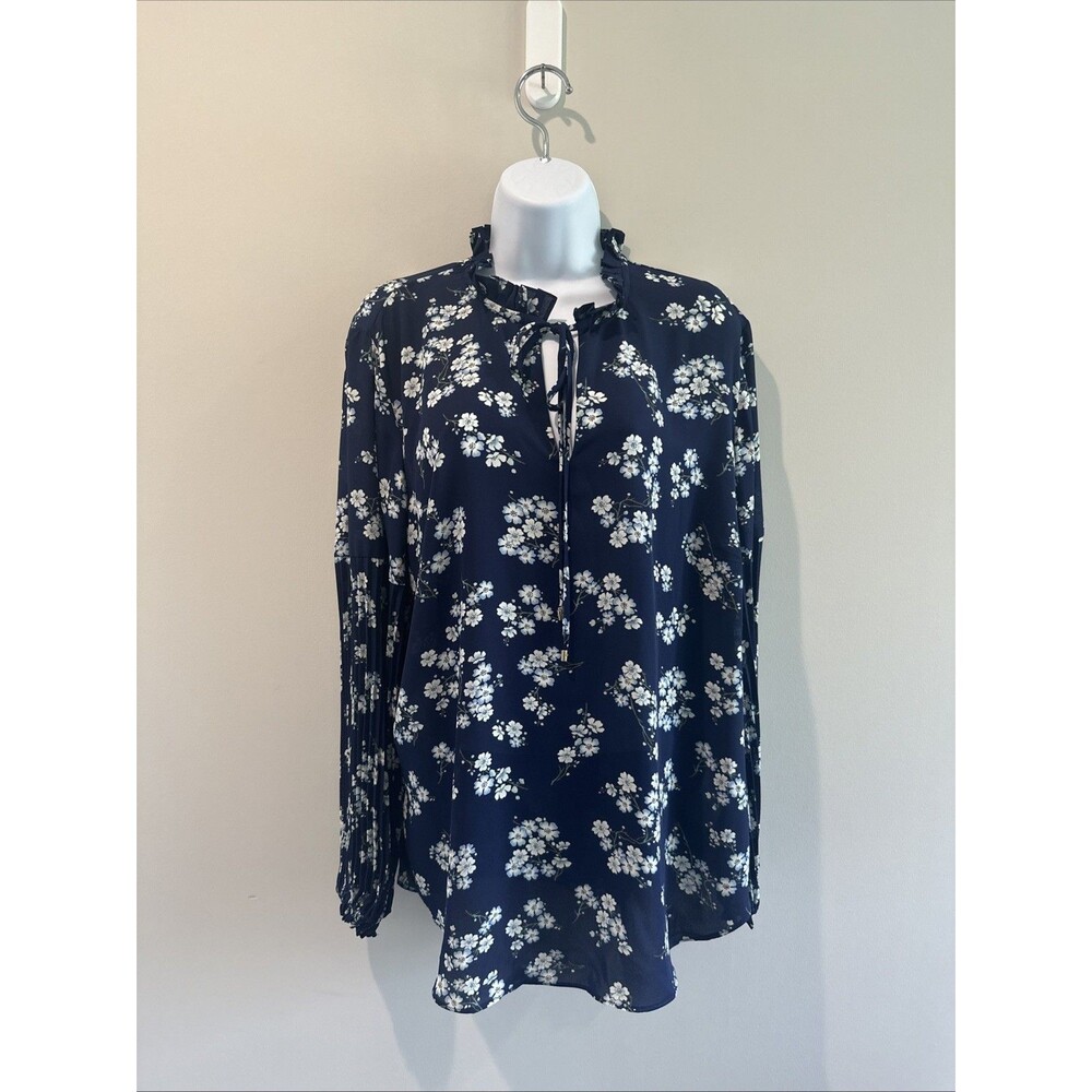 Lauren Ralph Lauren 1X Navy Floral Blouse Pleated Sleeve Ruffle Tie Neck